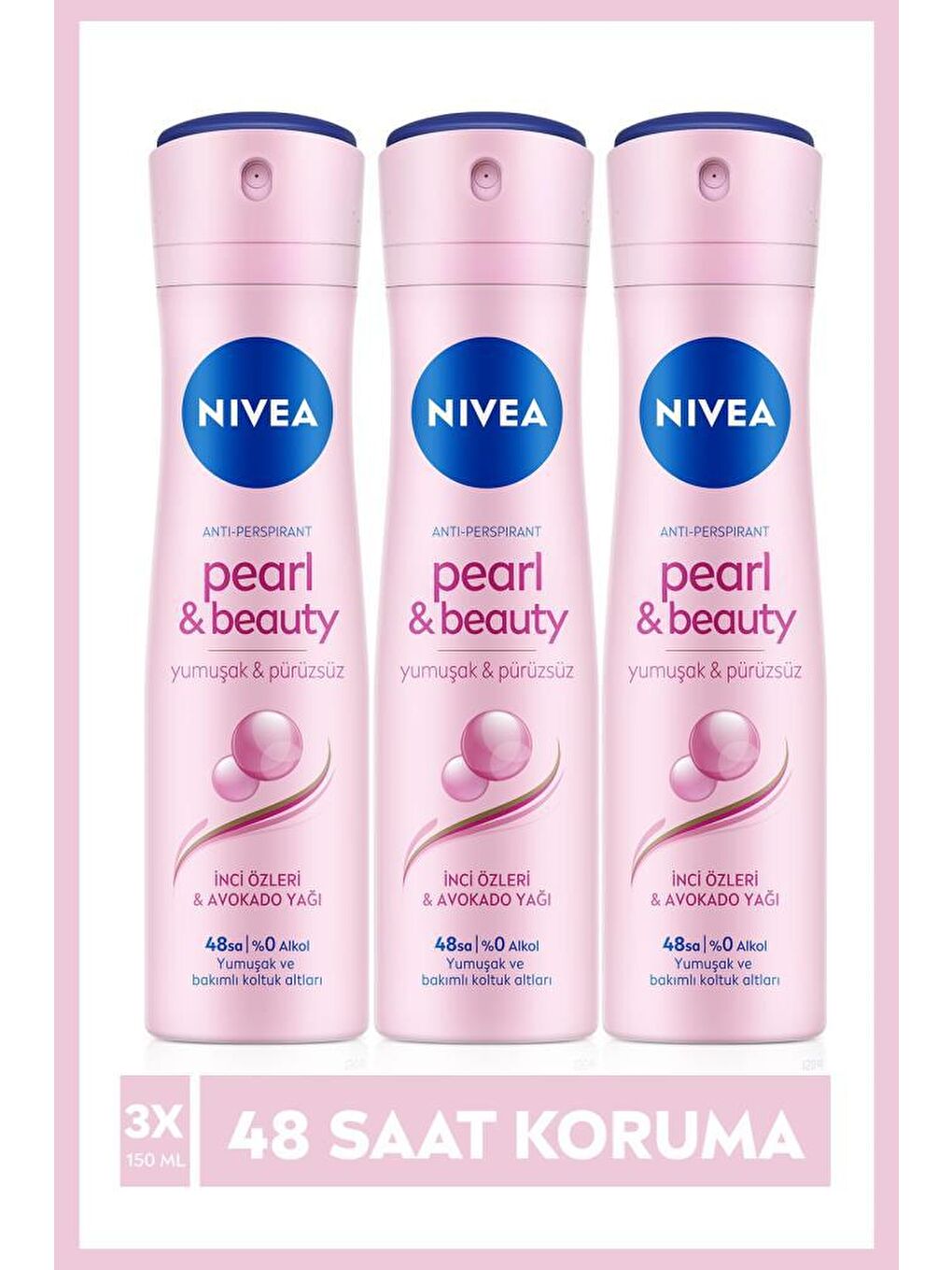 NIVEA Şeffaf Pearl & Beauty Sprey Kadın Deodorant 150 ml X3 Adet, 48 Saat Anti-Perspirant Koruma, %0 Alkol