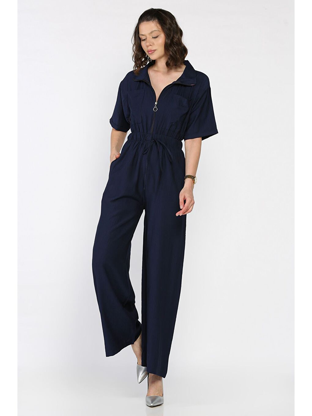 Lacivert Yarım Fermuarlı Bel Lastikli Kısa Kol Tulum-1