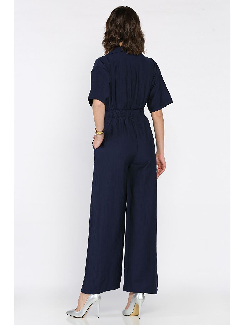 Lacivert Yarım Fermuarlı Bel Lastikli Kısa Kol Tulum-2