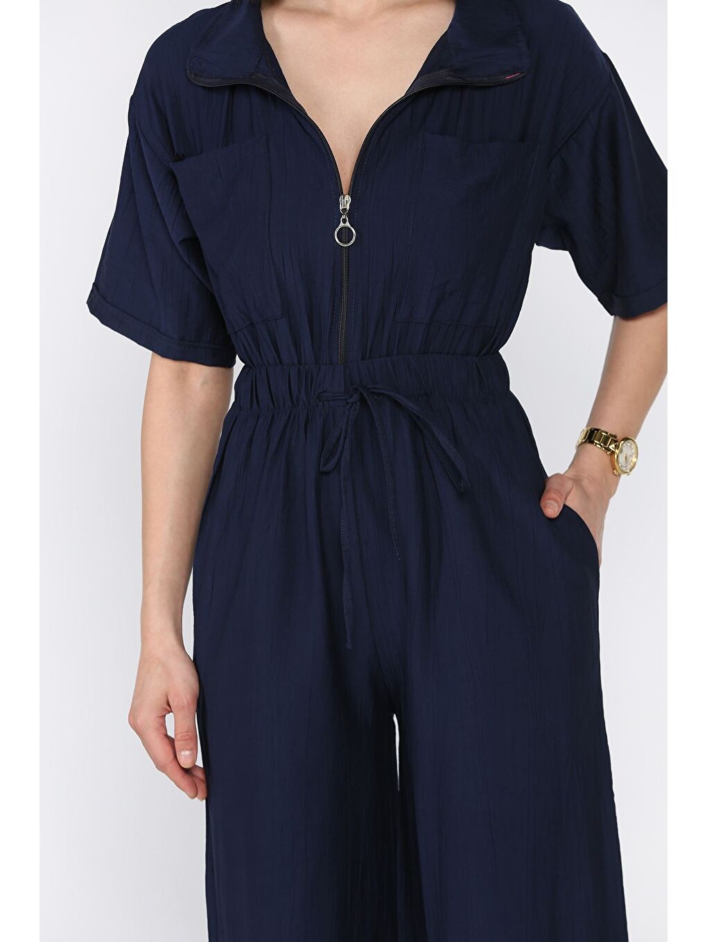 Lacivert Yarım Fermuarlı Bel Lastikli Kısa Kol Tulum-3