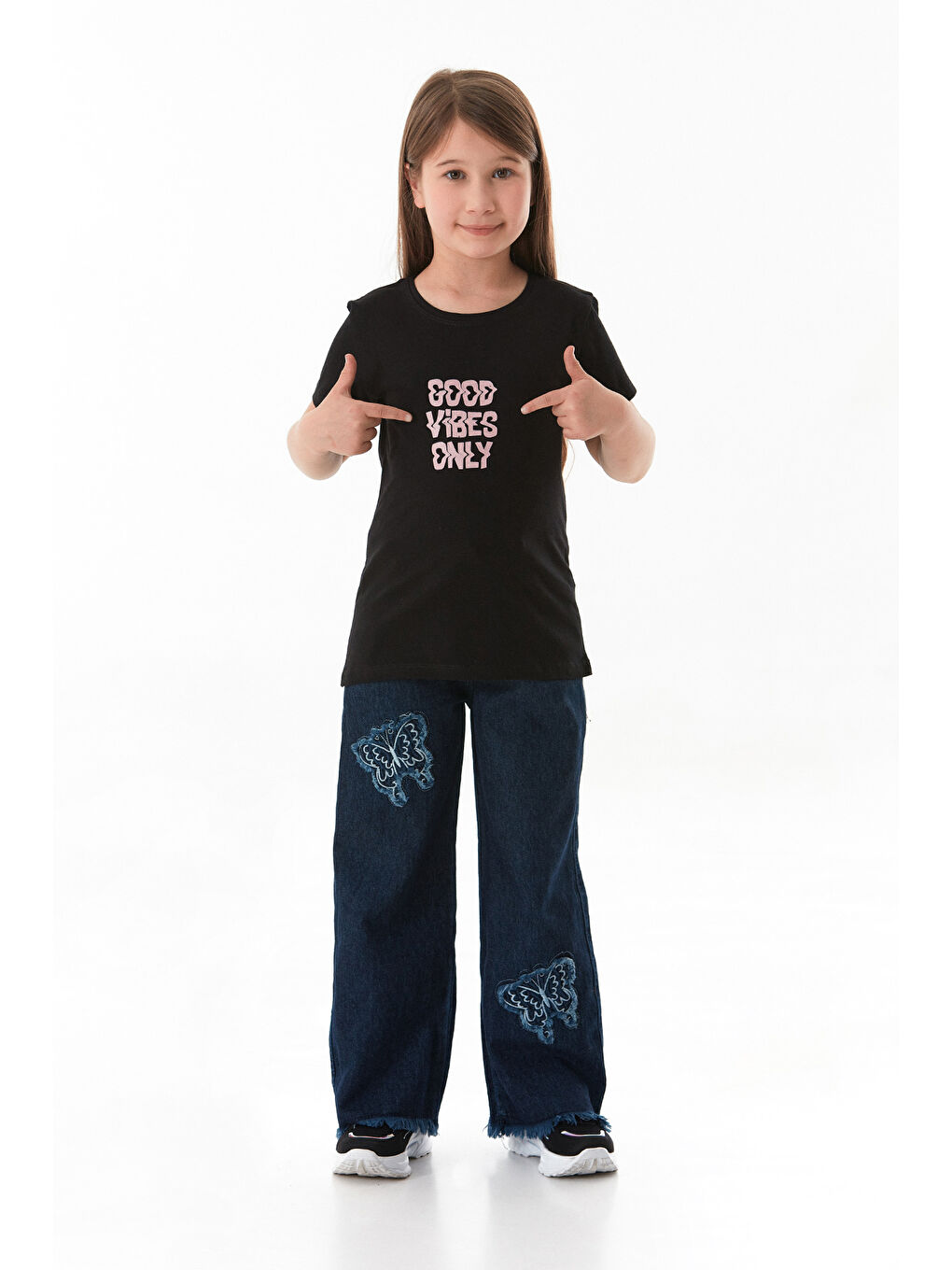 Siyah Good Vibes Only Yazı Baskılı Kız Çocuk Tişört-1