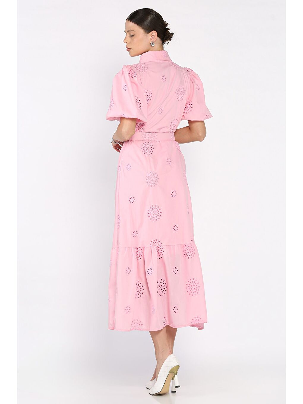 Pembe Kadın Kemer Detaylı Balon Kol Brode Elbise-2