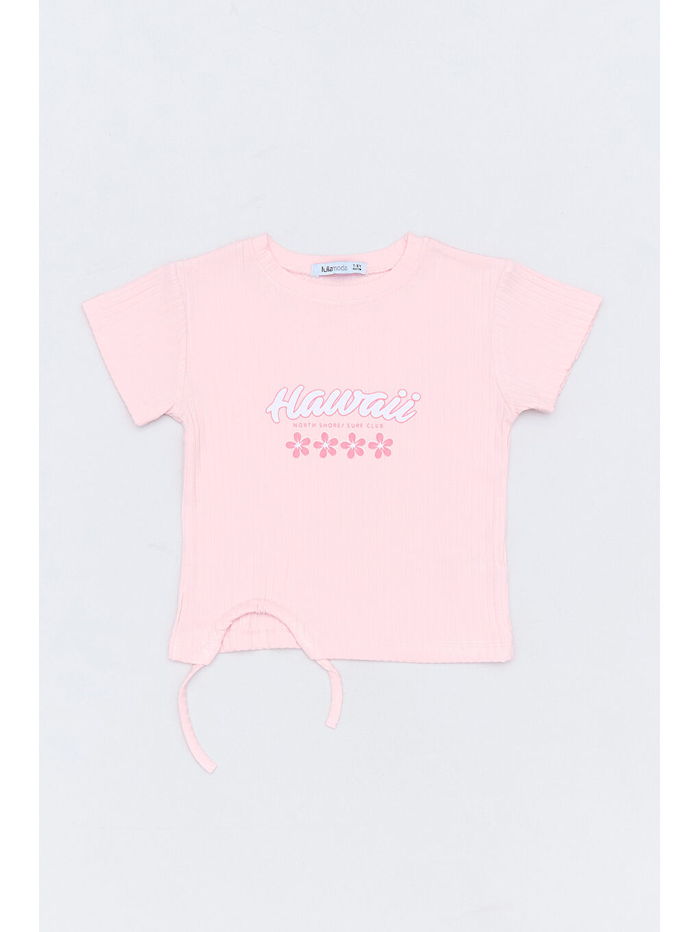 Pembe Hawaii Yazı Baskılı Fitilli Yanı Büzgülü Kız Çocuk Tişört