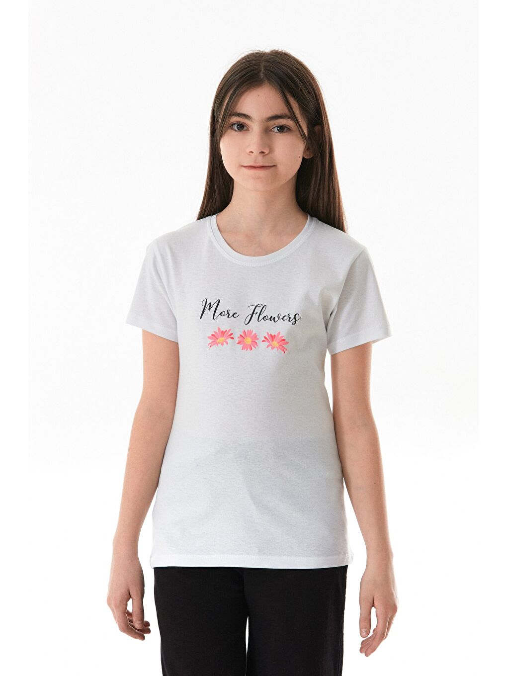 Beyaz %100 Pamuk Yazı Ve Çiçek Baskılı Bisiklet Yaka Kız Çocuk Tişört-2