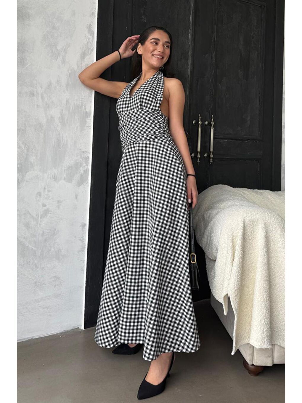 Siyah Ekoseli Midi Boy Kadın Elbise Mg2350-9