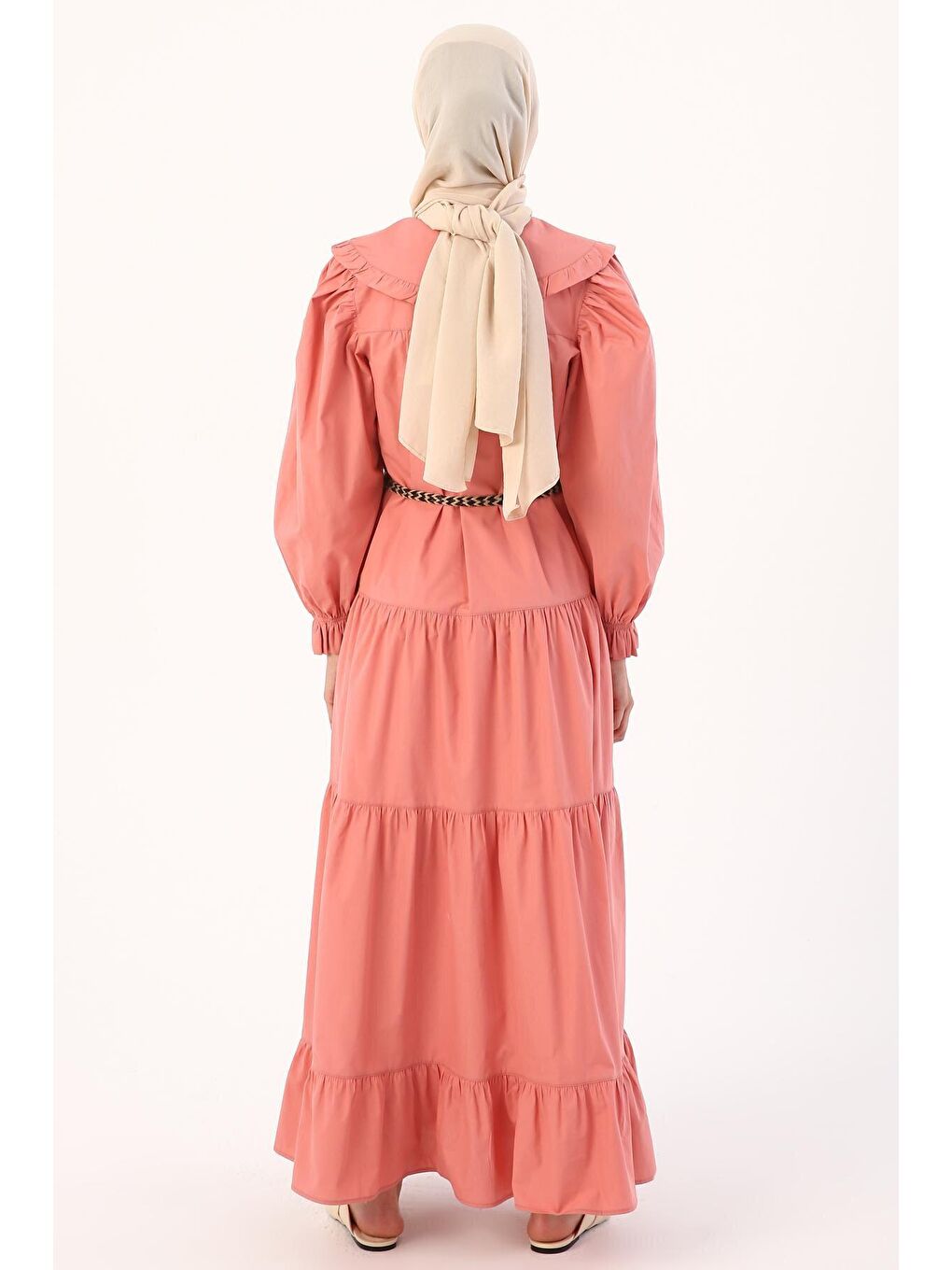 Pembe Gül %100 Pamuk Bebe Yaka Fırfırlı Kemerli Elbise-3