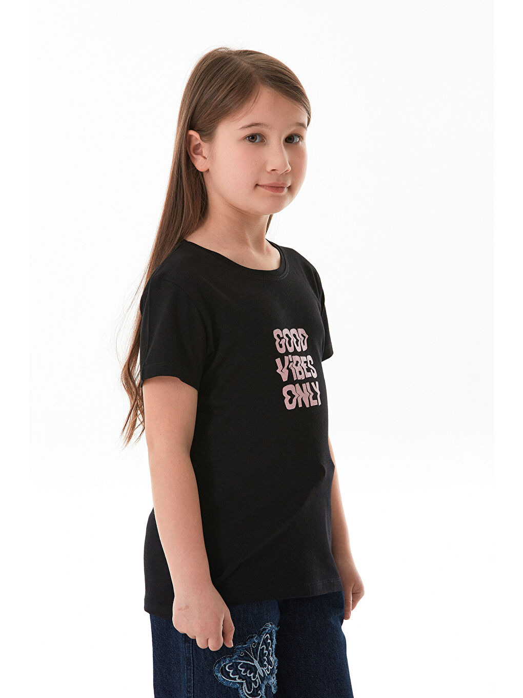 Siyah Good Vibes Only Yazı Baskılı Kız Çocuk Tişört-3