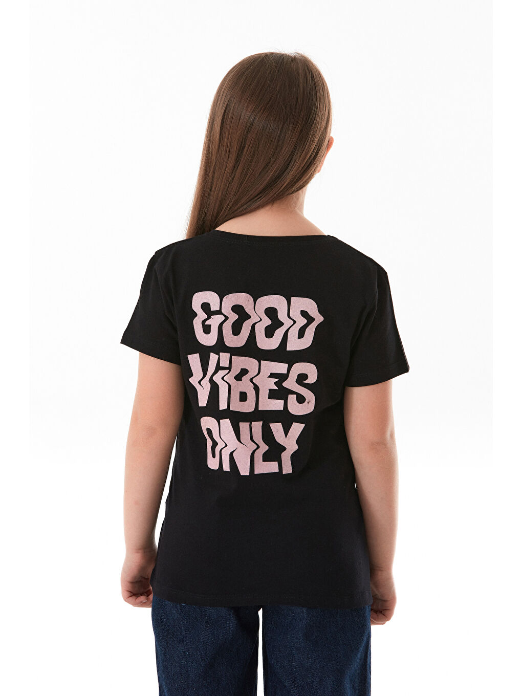 Siyah Good Vibes Only Yazı Baskılı Kız Çocuk Tişört-4