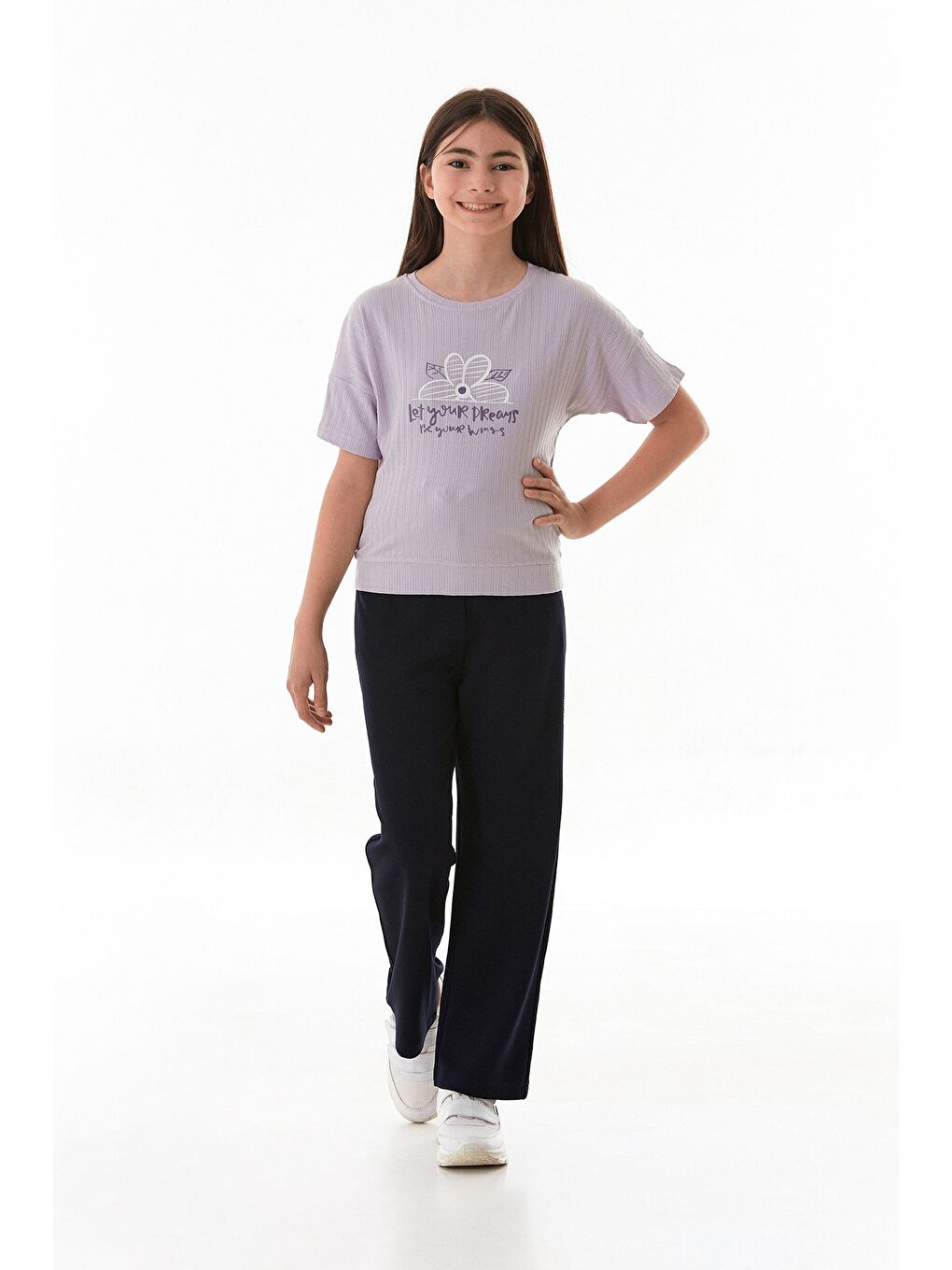 Lila Fitilli Yazı Baskılı Elastanlı Kız Çocuk Tişört-1