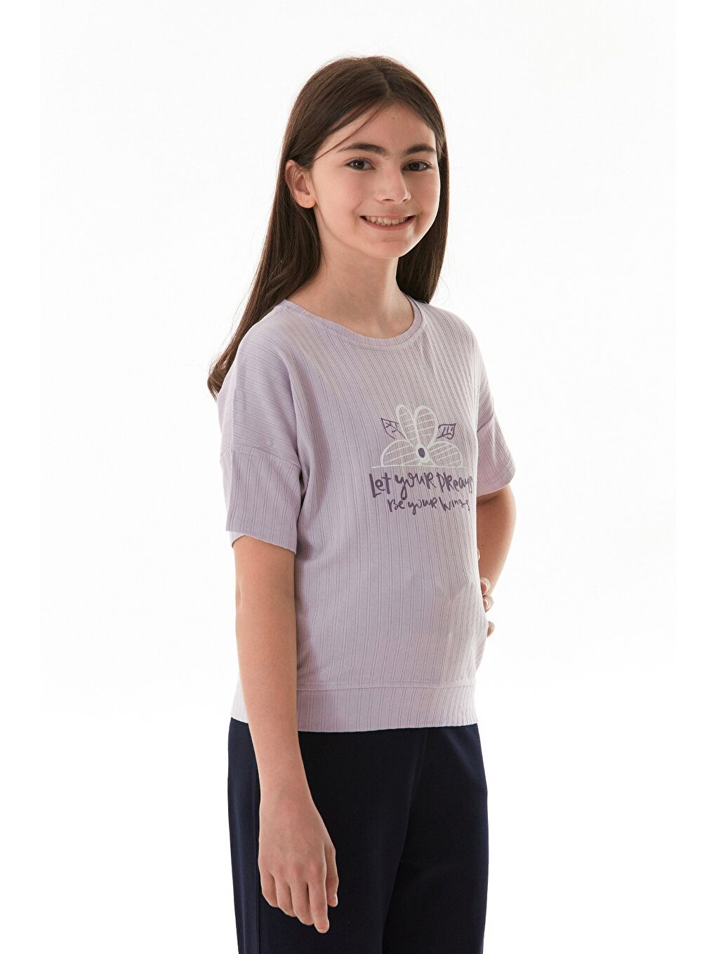 Lila Fitilli Yazı Baskılı Elastanlı Kız Çocuk Tişört-2