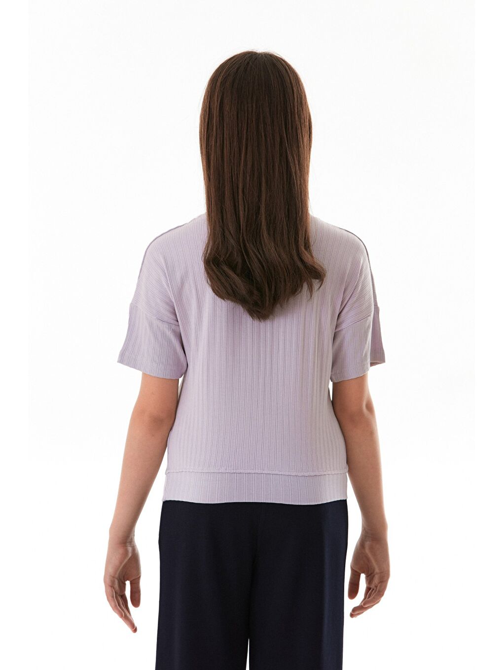 Lila Fitilli Yazı Baskılı Elastanlı Kız Çocuk Tişört-3