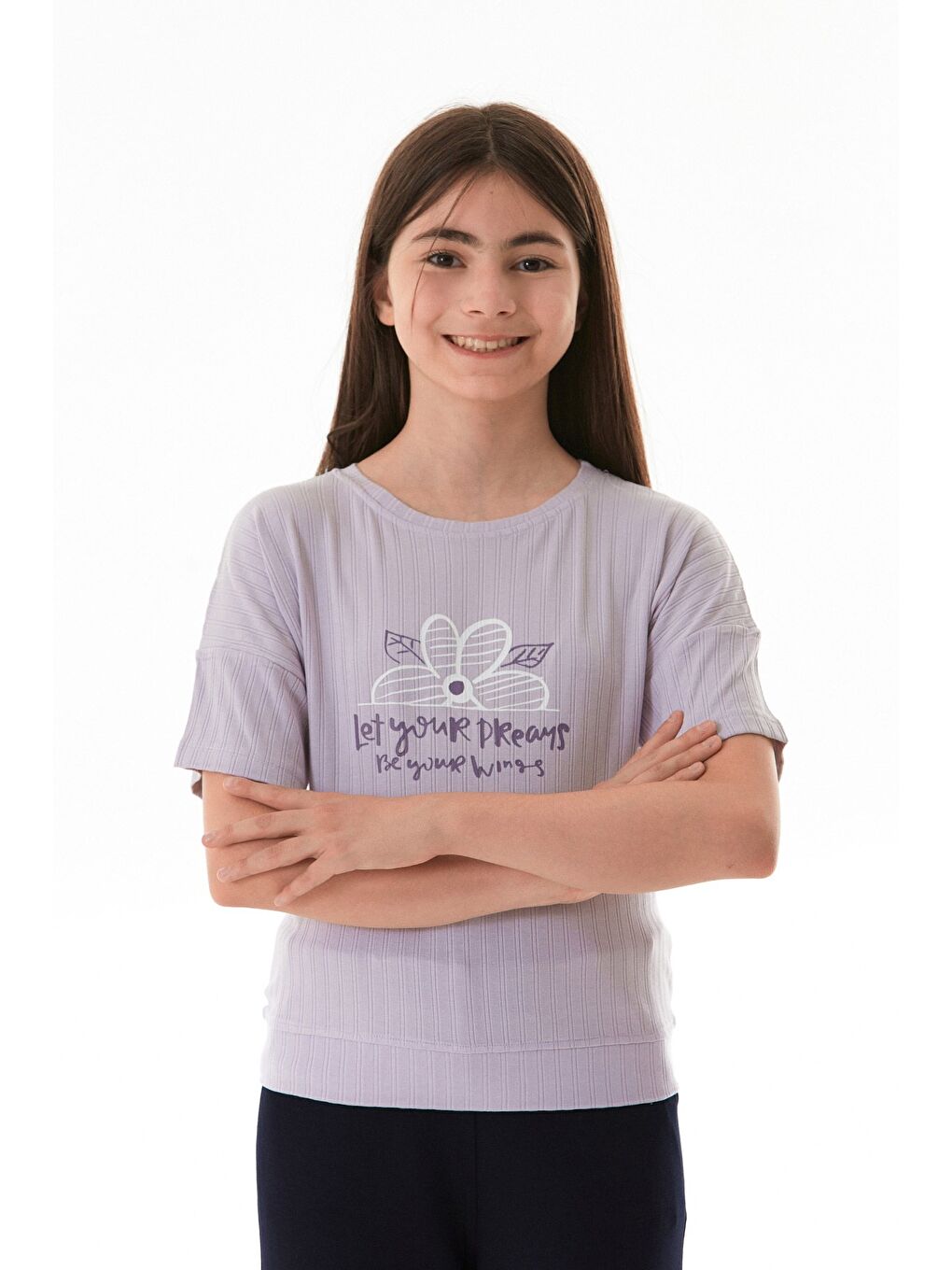 Lila Fitilli Yazı Baskılı Elastanlı Kız Çocuk Tişört-4