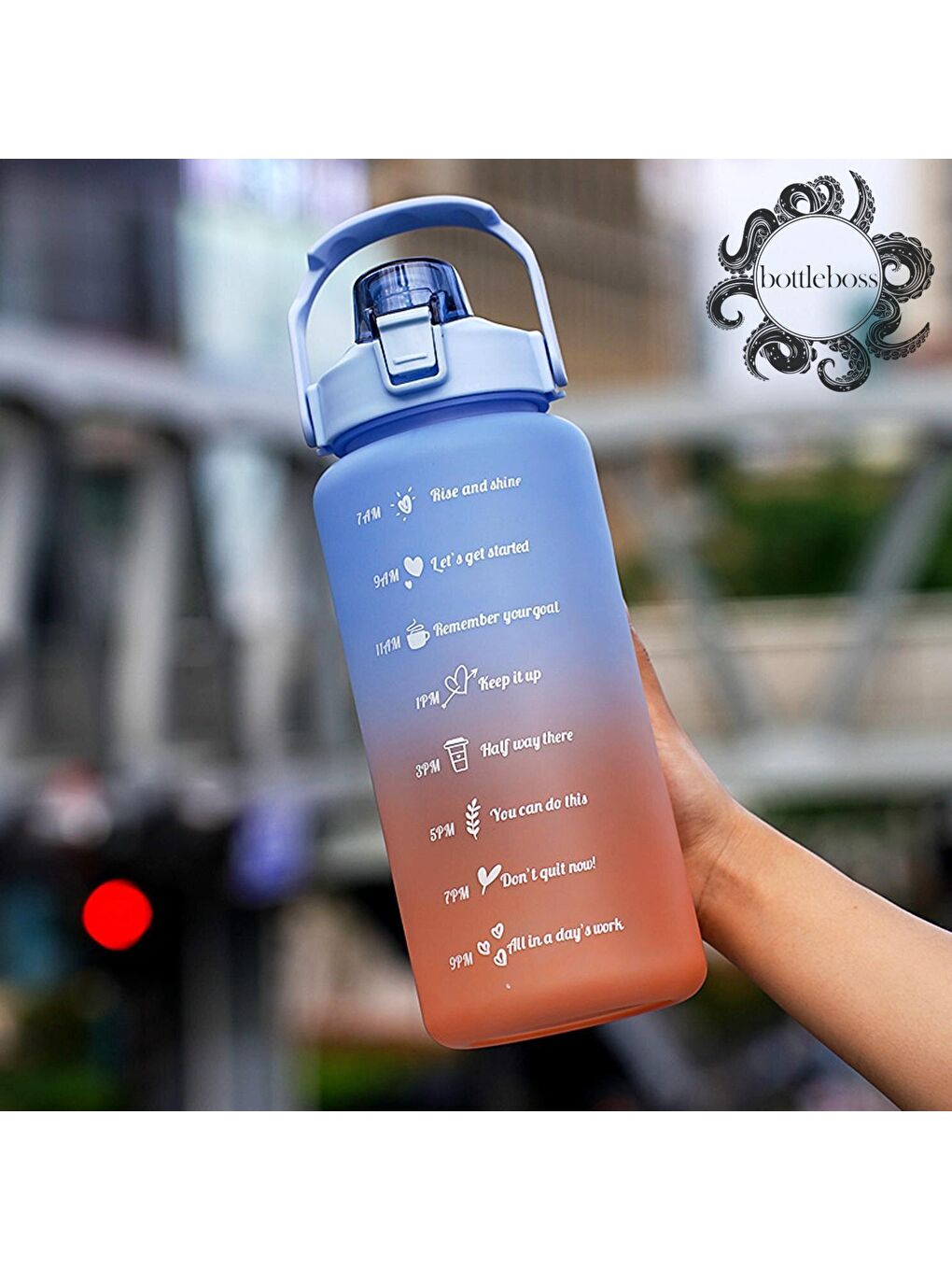 BottleBoss Mavi Pastel Renk Geçişli Sızdırmaz Kapak Motivasyon Matarası 2 Litre Sticker HEDİYELİ Mavi