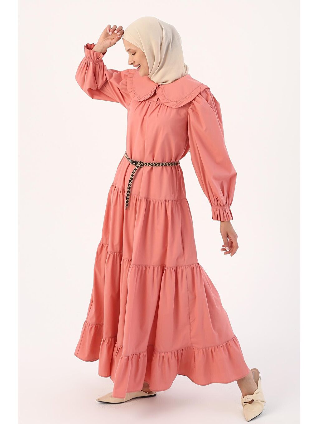 Pembe Gül %100 Pamuk Bebe Yaka Fırfırlı Kemerli Elbise-4