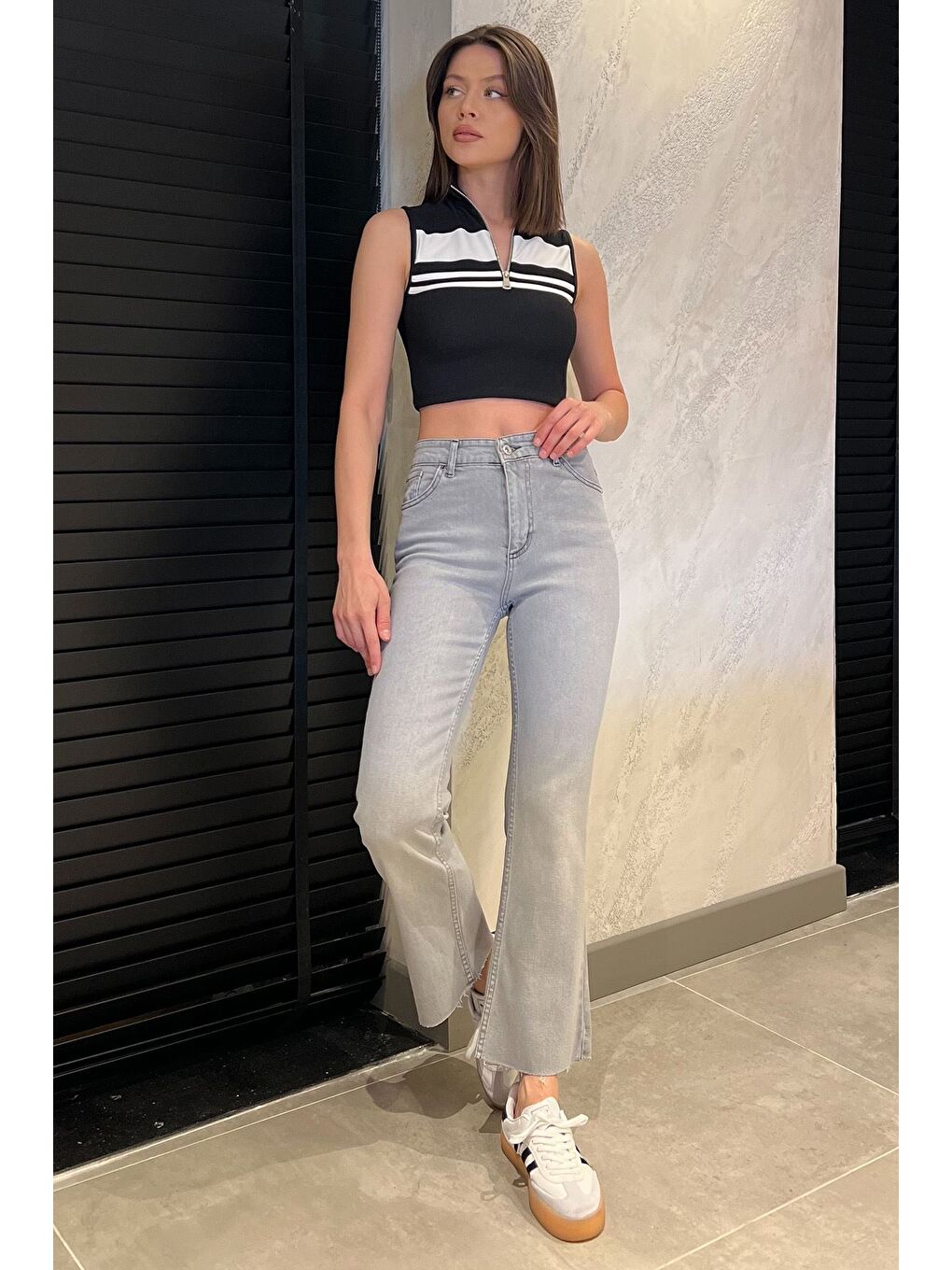 Gri Kesik Paça Yüksek Bel Kadın Jean Jean Pantolon-1