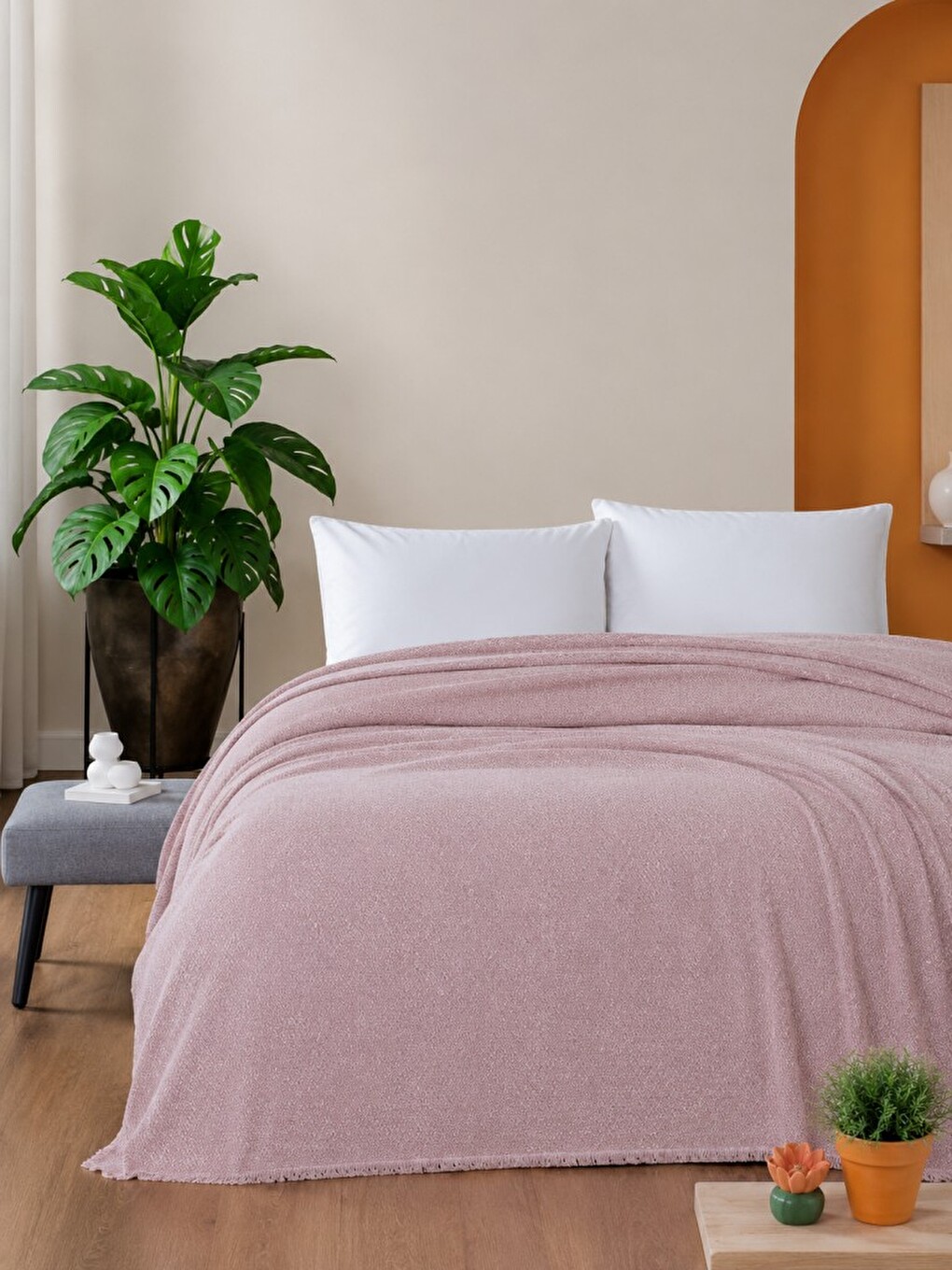 Pembe Macar Çift Kişilik Pike Pamuklu Yatak Örtüsü 220x230-1