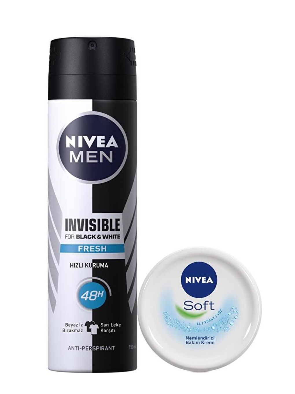 NIVEA Şeffaf Men Erkek Sprey Deodorant Black&White Invisible Fresh 150 ml Soft Krem 100 ml