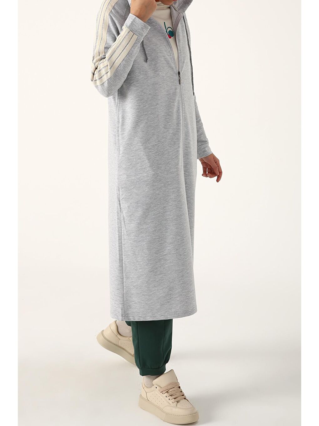 Gri Melanj Kolları Şeritli Kapüşon Fermuarlı Hırka