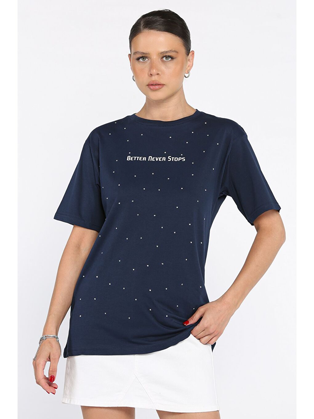 Lacivert Kadın Yazı Baskılı Taşlı Bisiklet Yaka Tişört