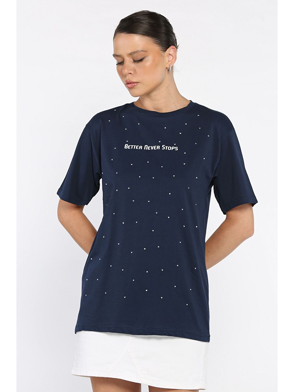 Lacivert Kadın Yazı Baskılı Taşlı Bisiklet Yaka Tişört-1