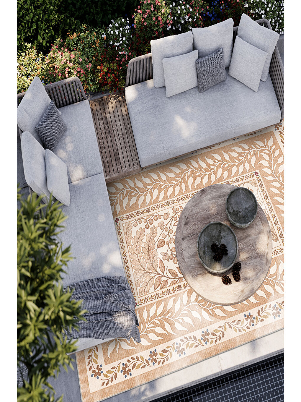 Bej Dekoratif Salon Halısı, Makinada Yıkanabilir, Kaymaz Taban, İnce & Modern Tasarım-1