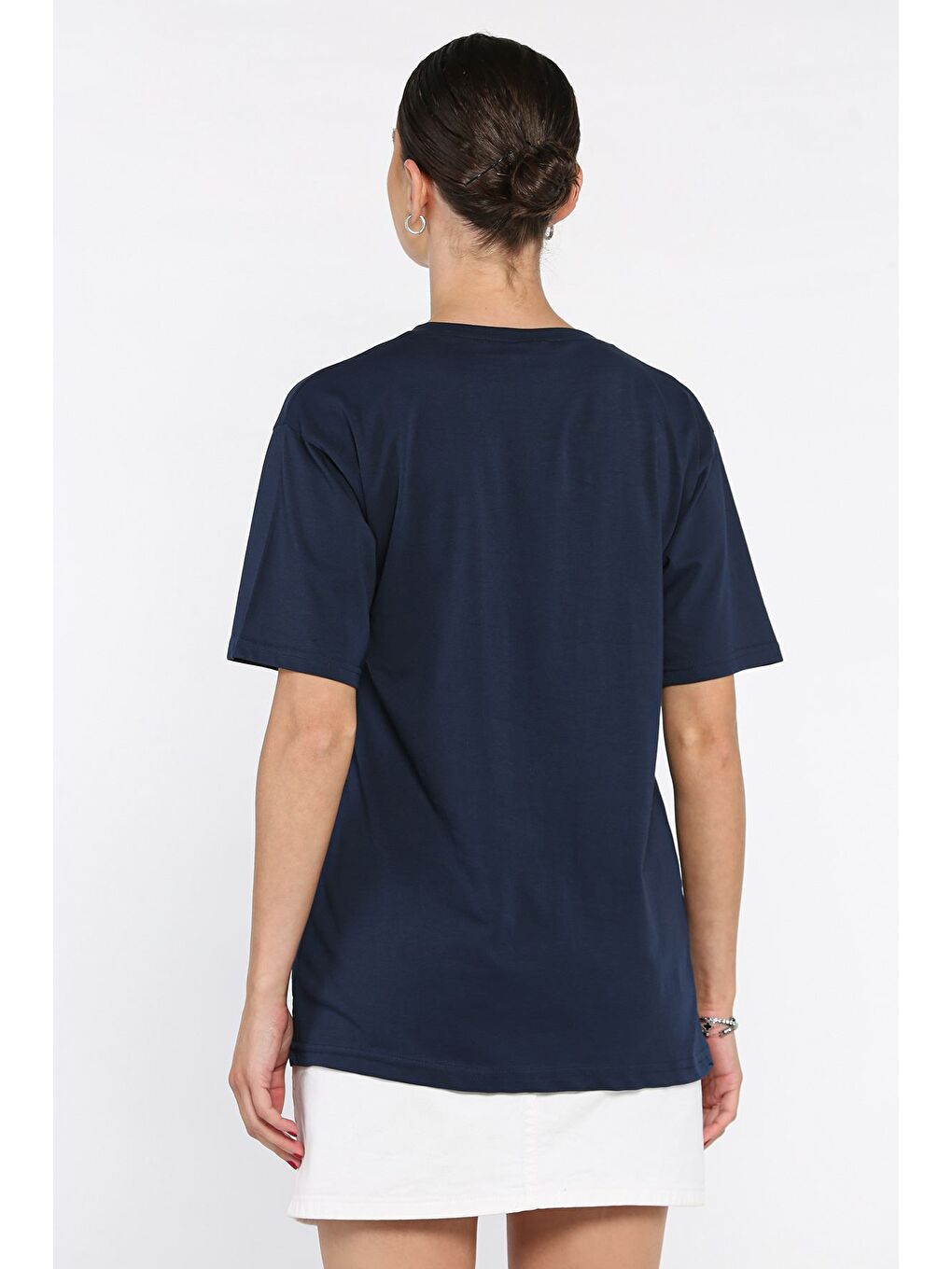 Lacivert Kadın Yazı Baskılı Taşlı Bisiklet Yaka Tişört-2