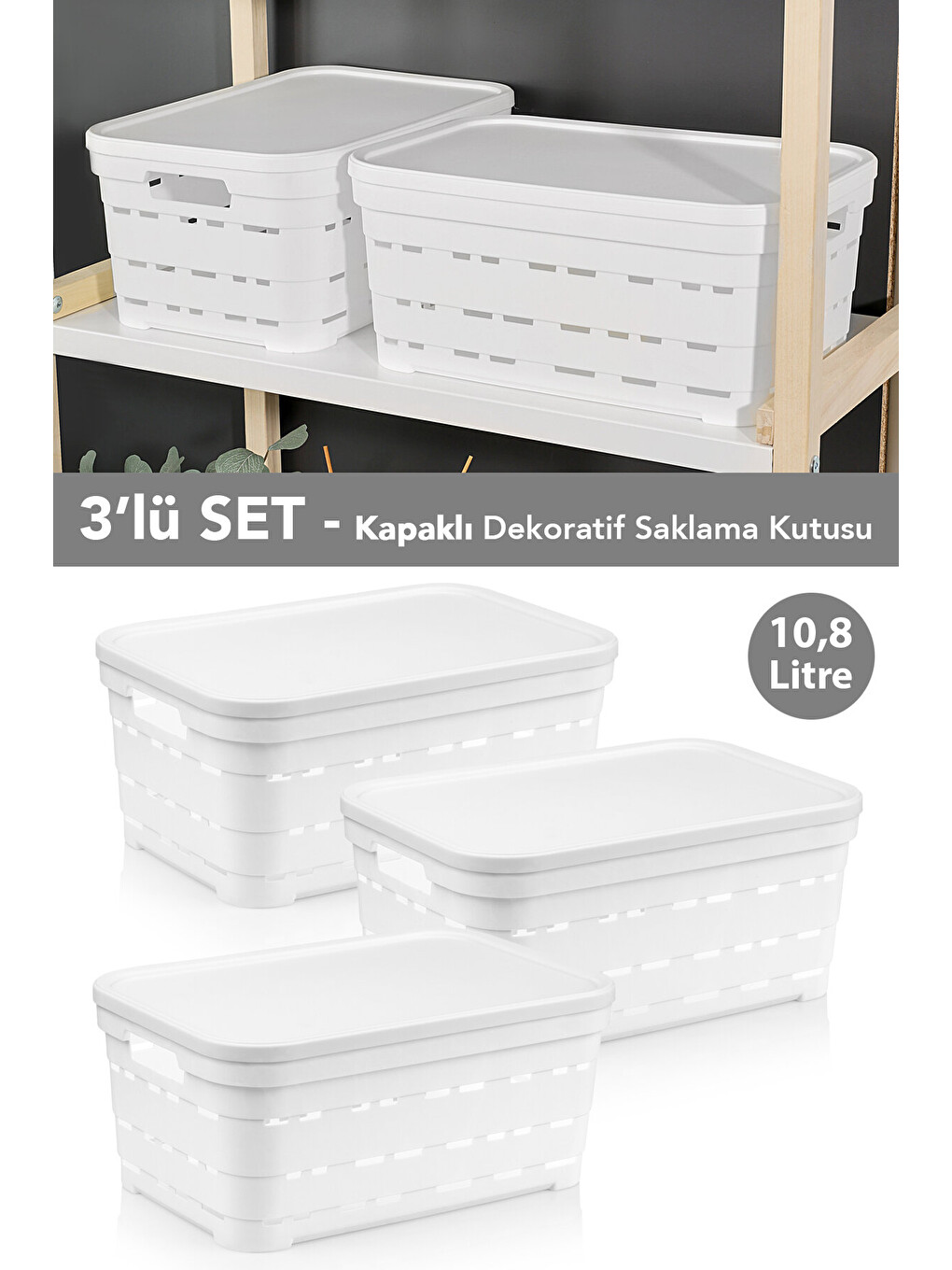 Beyaz 3'lü Kapaklı Delikli Dekoratif Piramit Saklama Kutusu