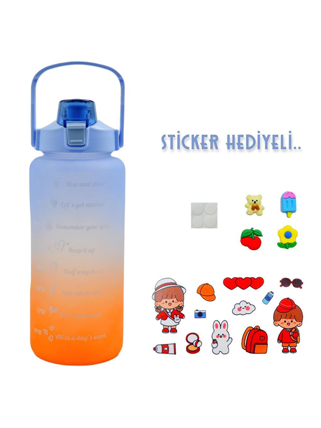 BottleBoss Mavi Pastel Renk Geçişli Sızdırmaz Kapak Motivasyon Matarası 2 Litre Sticker HEDİYELİ Mavi - 1