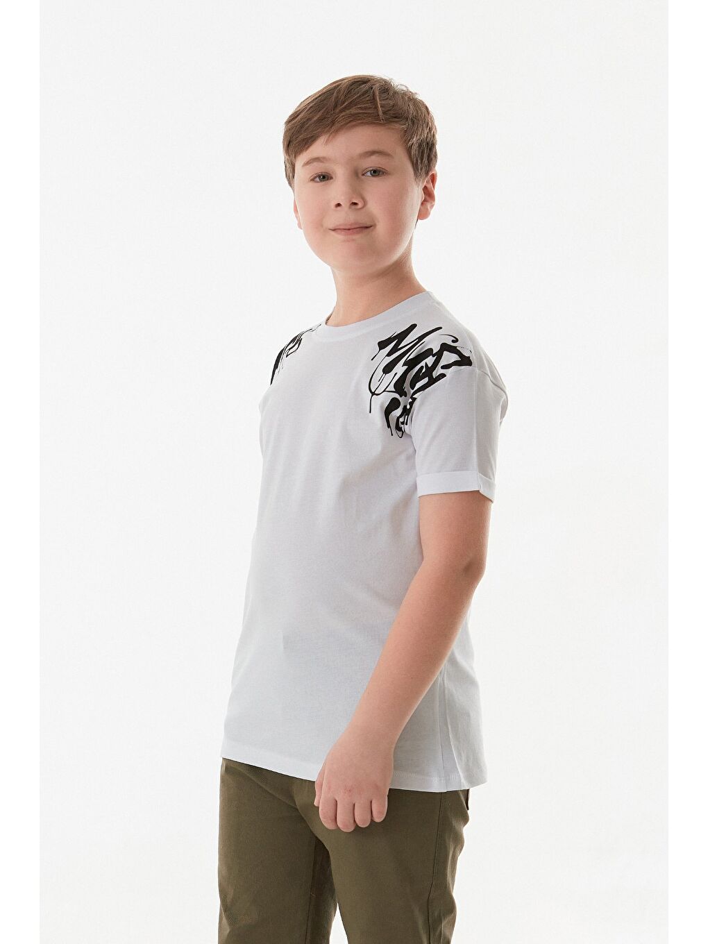 Beyaz Yazı Baskılı Bisiklet Yaka Erkek Çocuk Tişört-1
