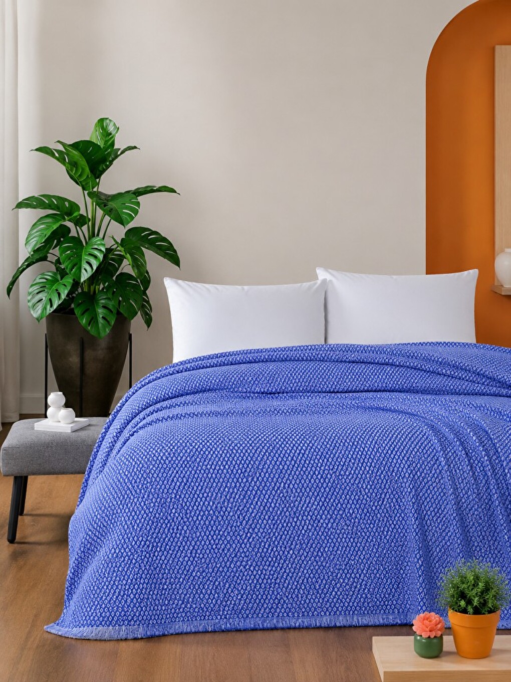 İndigo Macar Tek Kişilik Pike Pamuklu Yatak Örtüsü 170x230