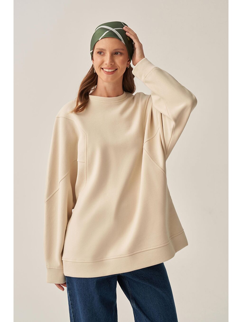 Bej Taş-Oversize İnterlok Sweat-3