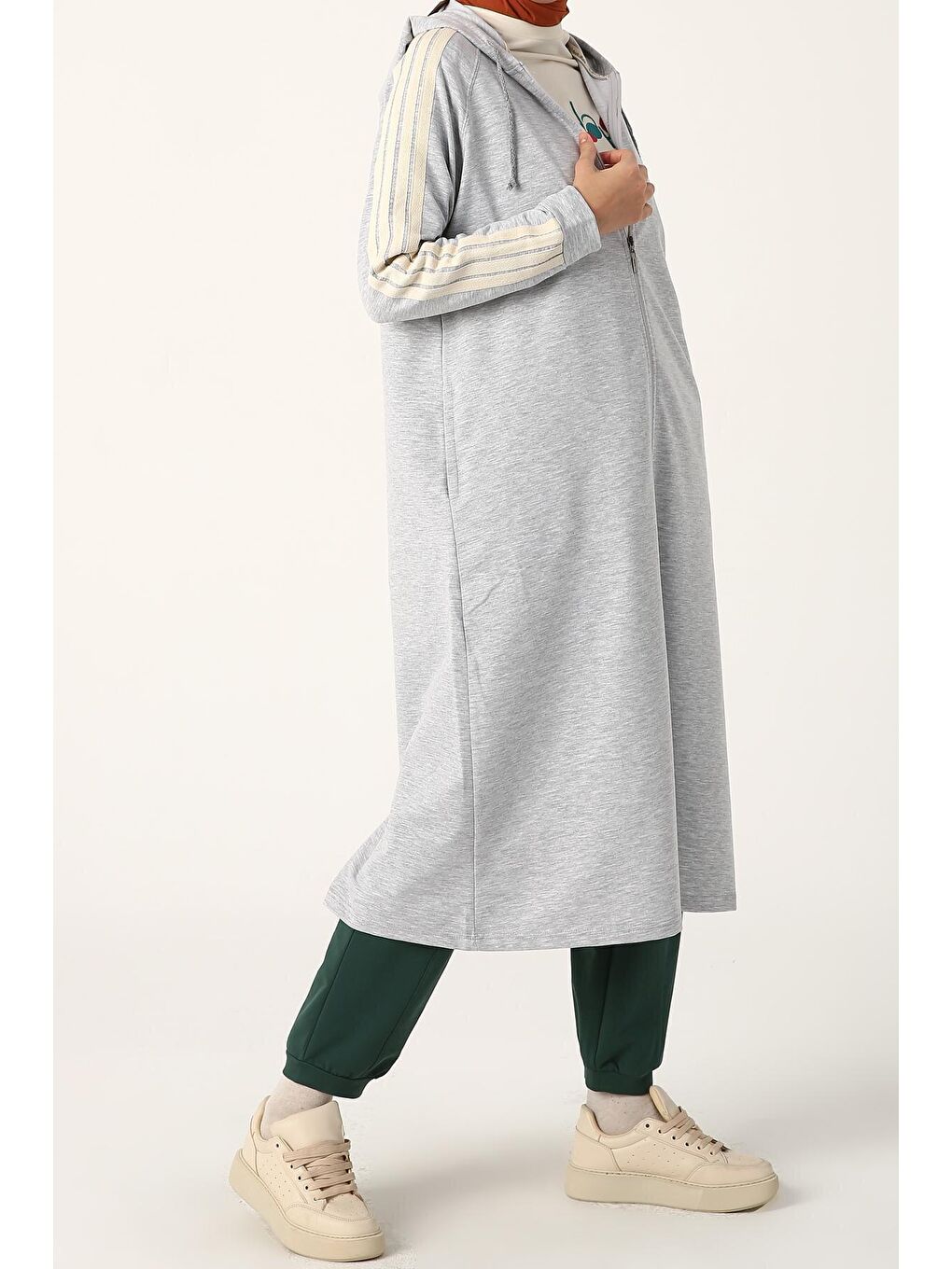 Gri Melanj Kolları Şeritli Kapüşon Fermuarlı Hırka-2