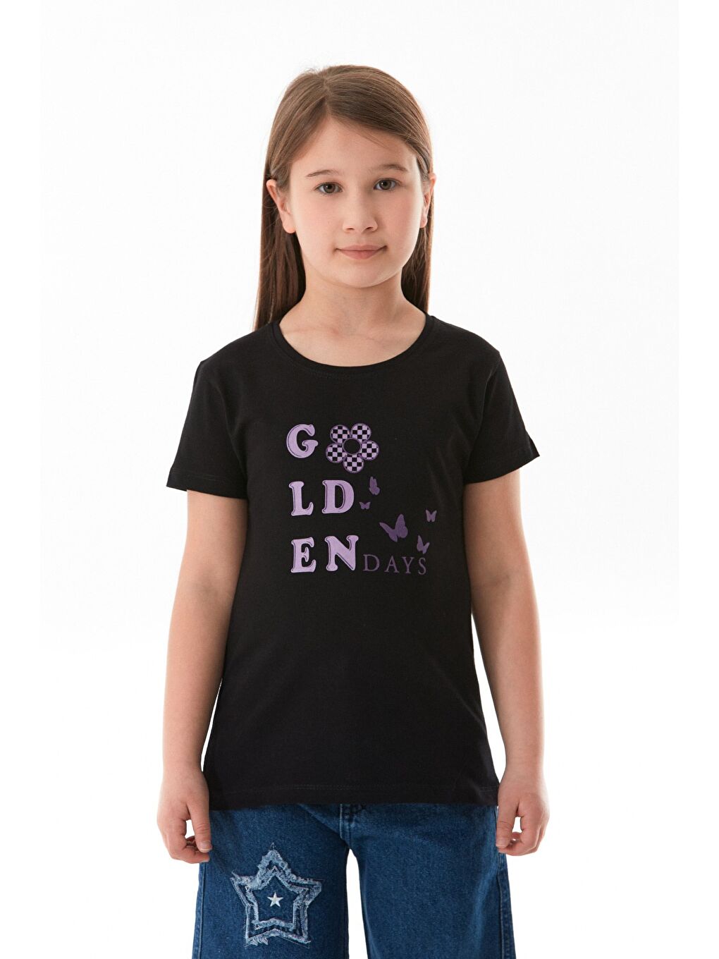 Siyah %100 Pamuk Golden Days Baskılı Kız Çocuk Tişört