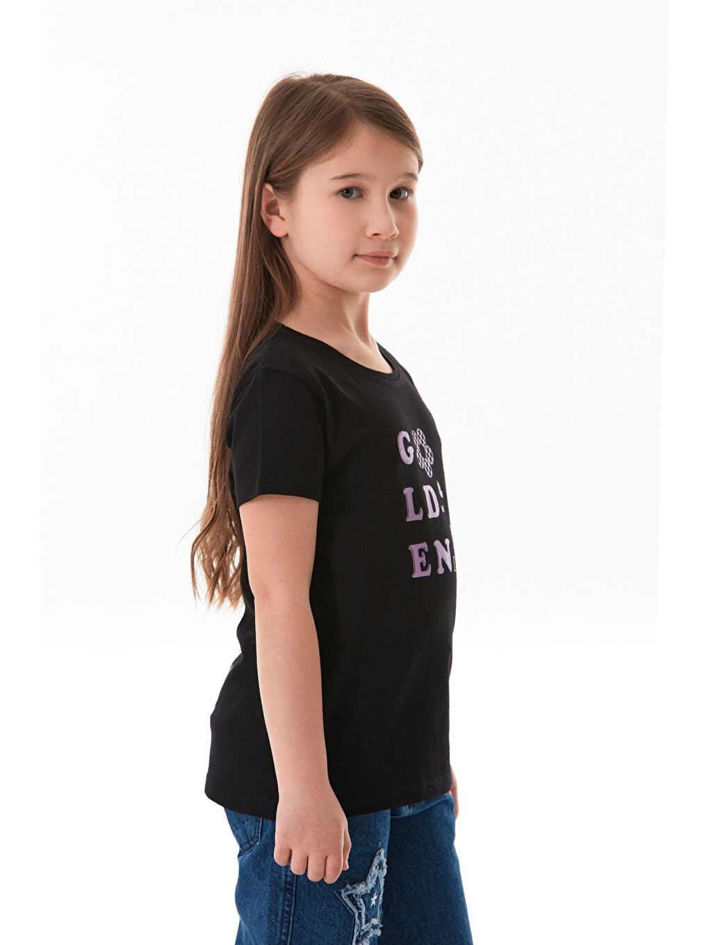Siyah %100 Pamuk Golden Days Baskılı Kız Çocuk Tişört-2