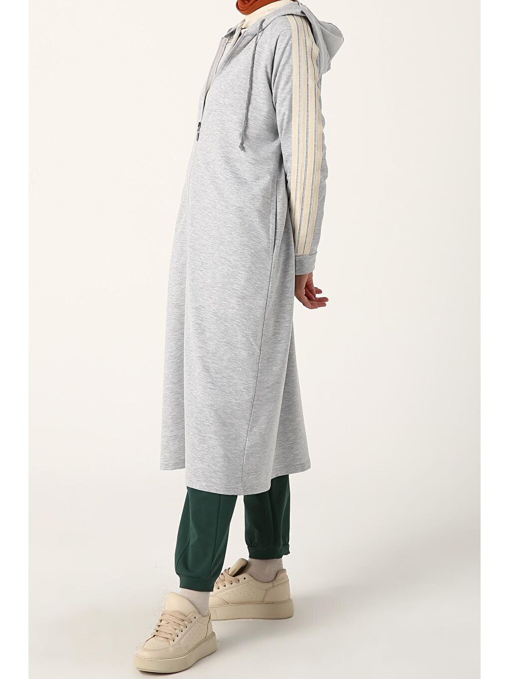 Gri Melanj Kolları Şeritli Kapüşon Fermuarlı Hırka-3