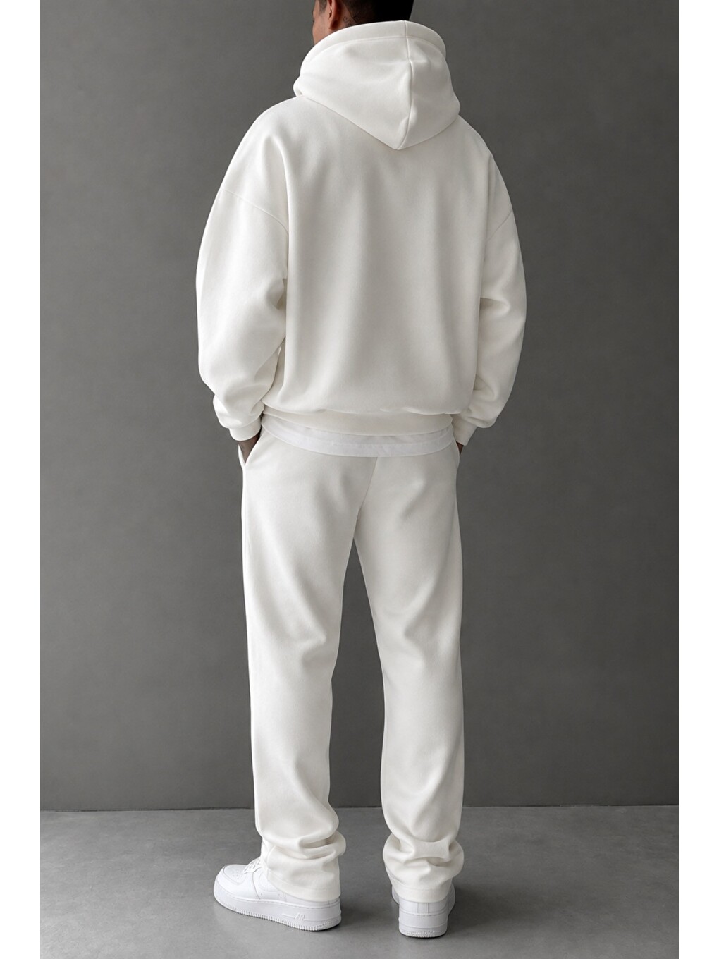Beyaz Regular Kapüşonlu Sweatshirt Erkek Unisex 3 İplik Şardonlu %100 Pamuk Basic Hoodie-1