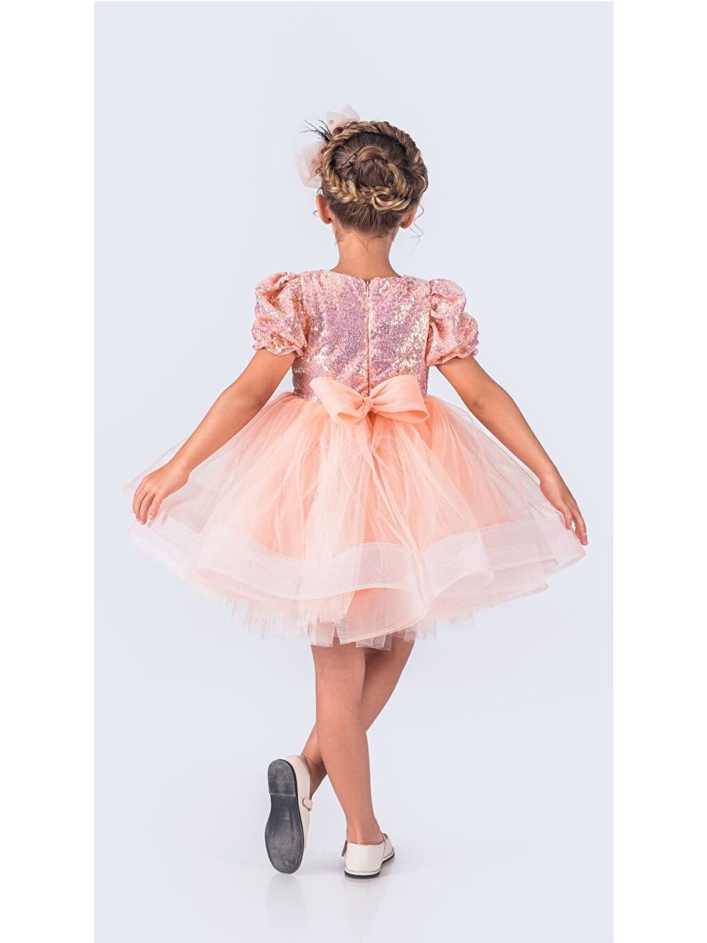 Pembe Tütü Gren Etekli Kız Çocuk Pul Payetli Kısa Kol Kikidi Elbise MNK0601-9