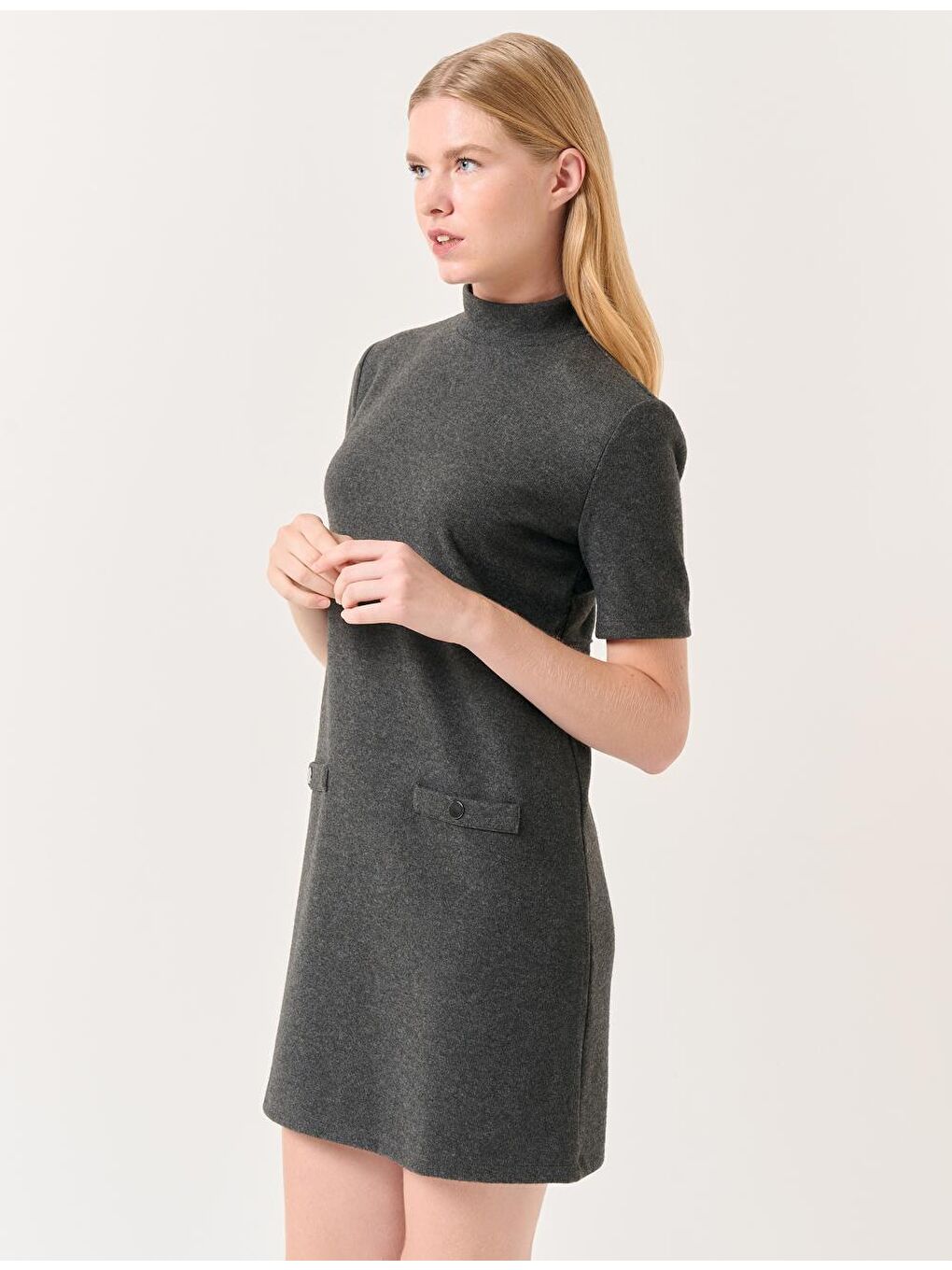 Antrasit Balıkçı Yaka Kısa Kollu Mini Elbise-5