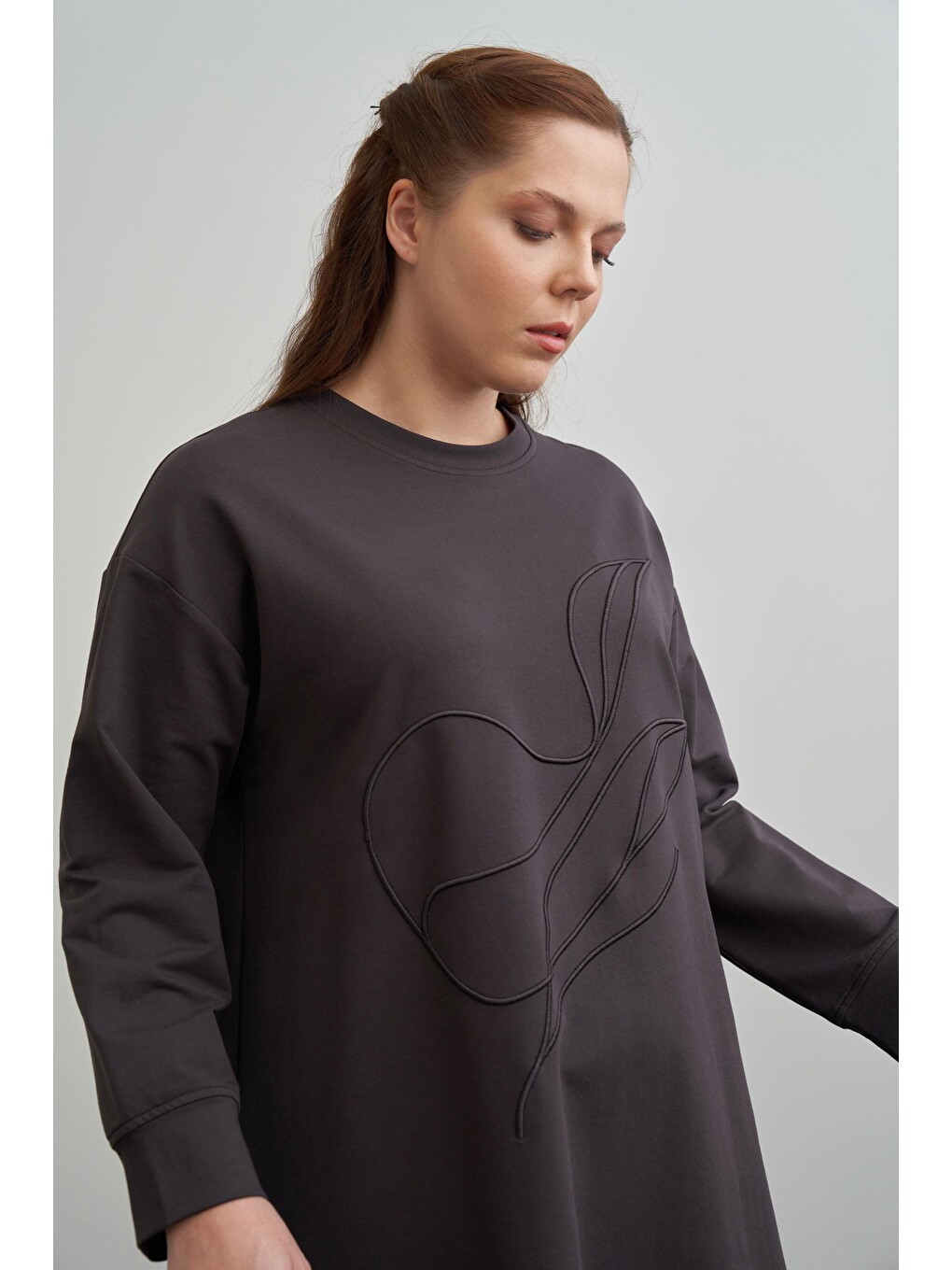 Kahverengi Acı Kahve-yumuşak Dokulu Büyük Beden Nakışlı Sweatshirt-3