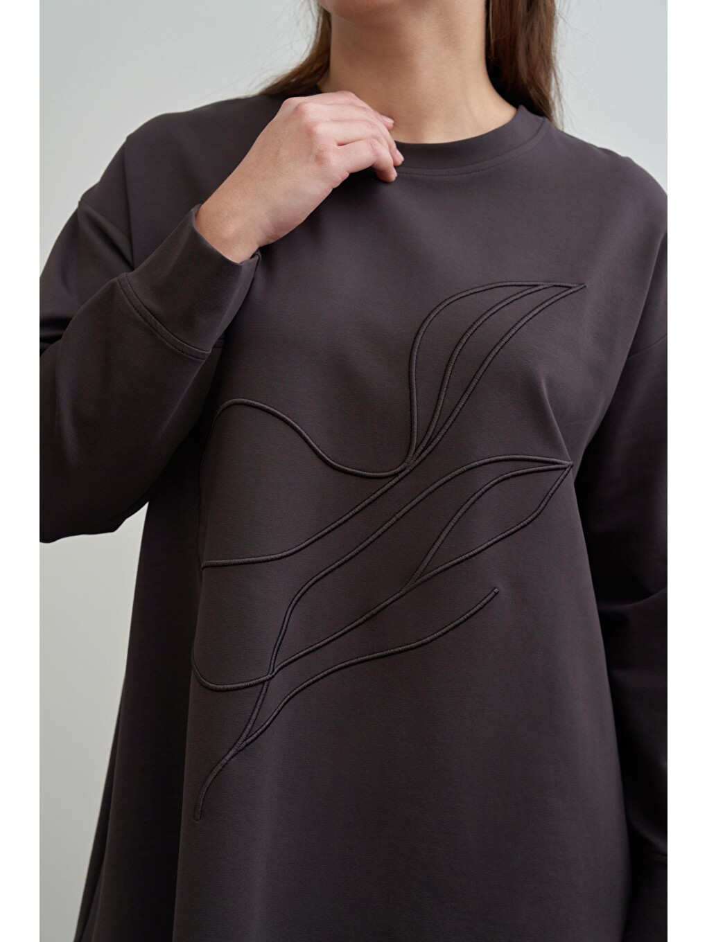 Kahverengi Acı Kahve-yumuşak Dokulu Büyük Beden Nakışlı Sweatshirt-4