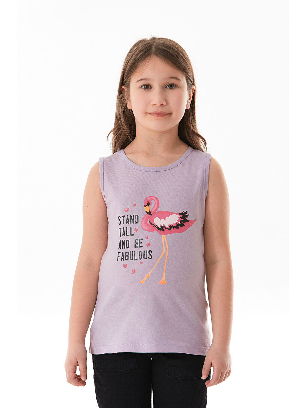 Lila %100 Pamuk Flamingo Baskılı Kolsuz Kız Çocuk Tişört