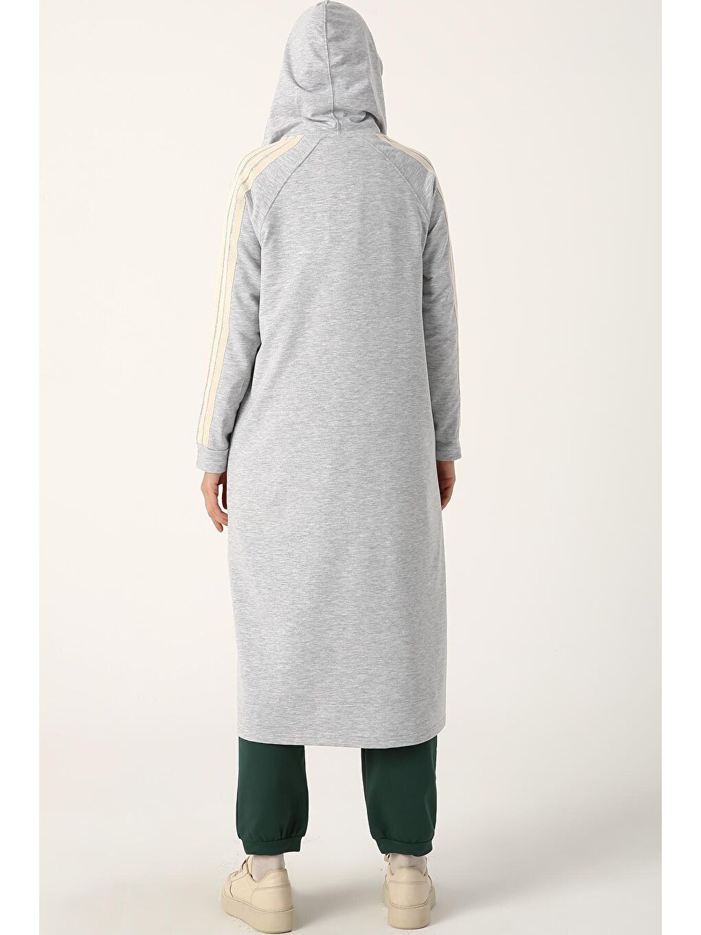 Gri Melanj Kolları Şeritli Kapüşon Fermuarlı Hırka-4