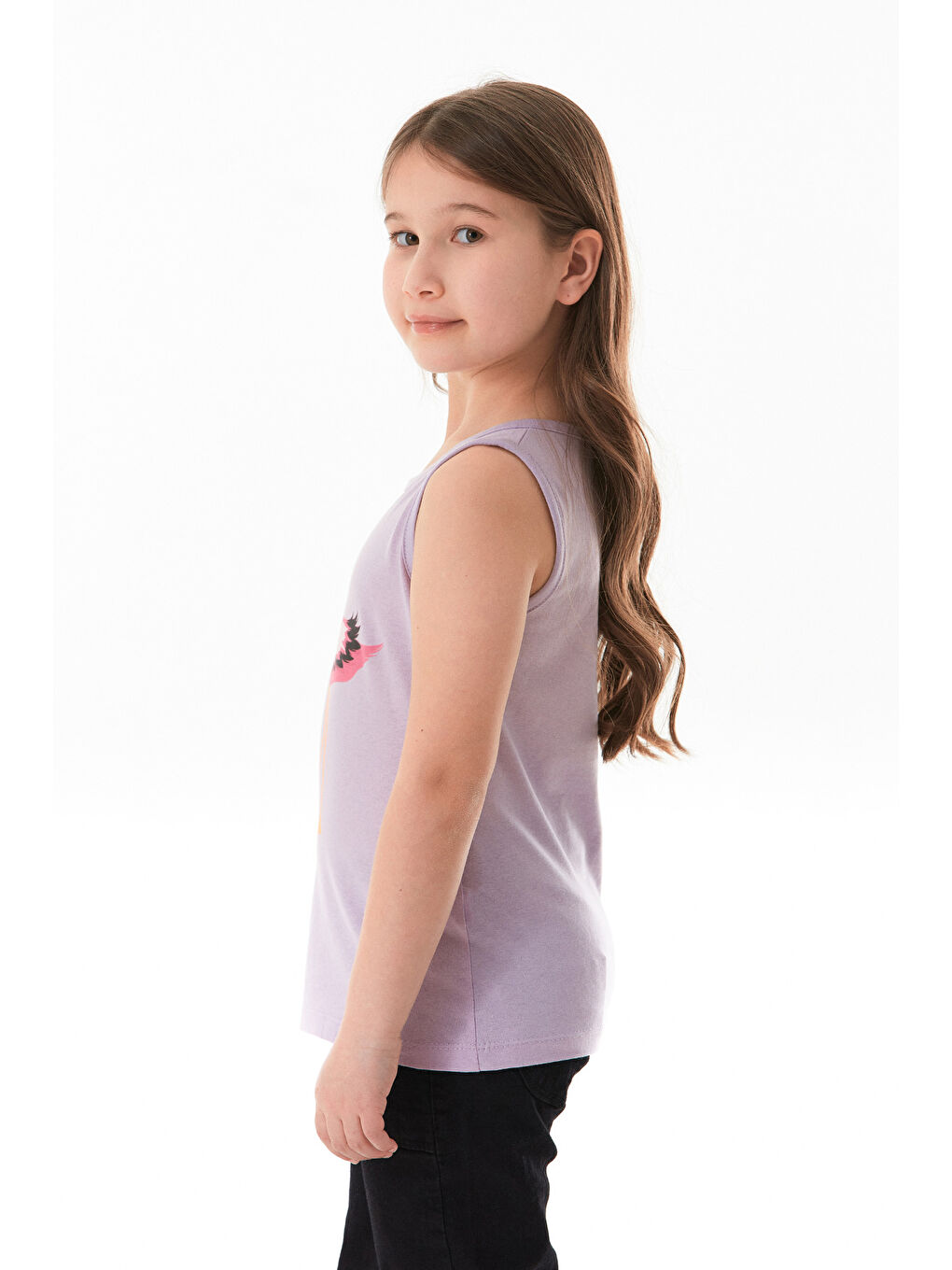 Lila %100 Pamuk Flamingo Baskılı Kolsuz Kız Çocuk Tişört-2