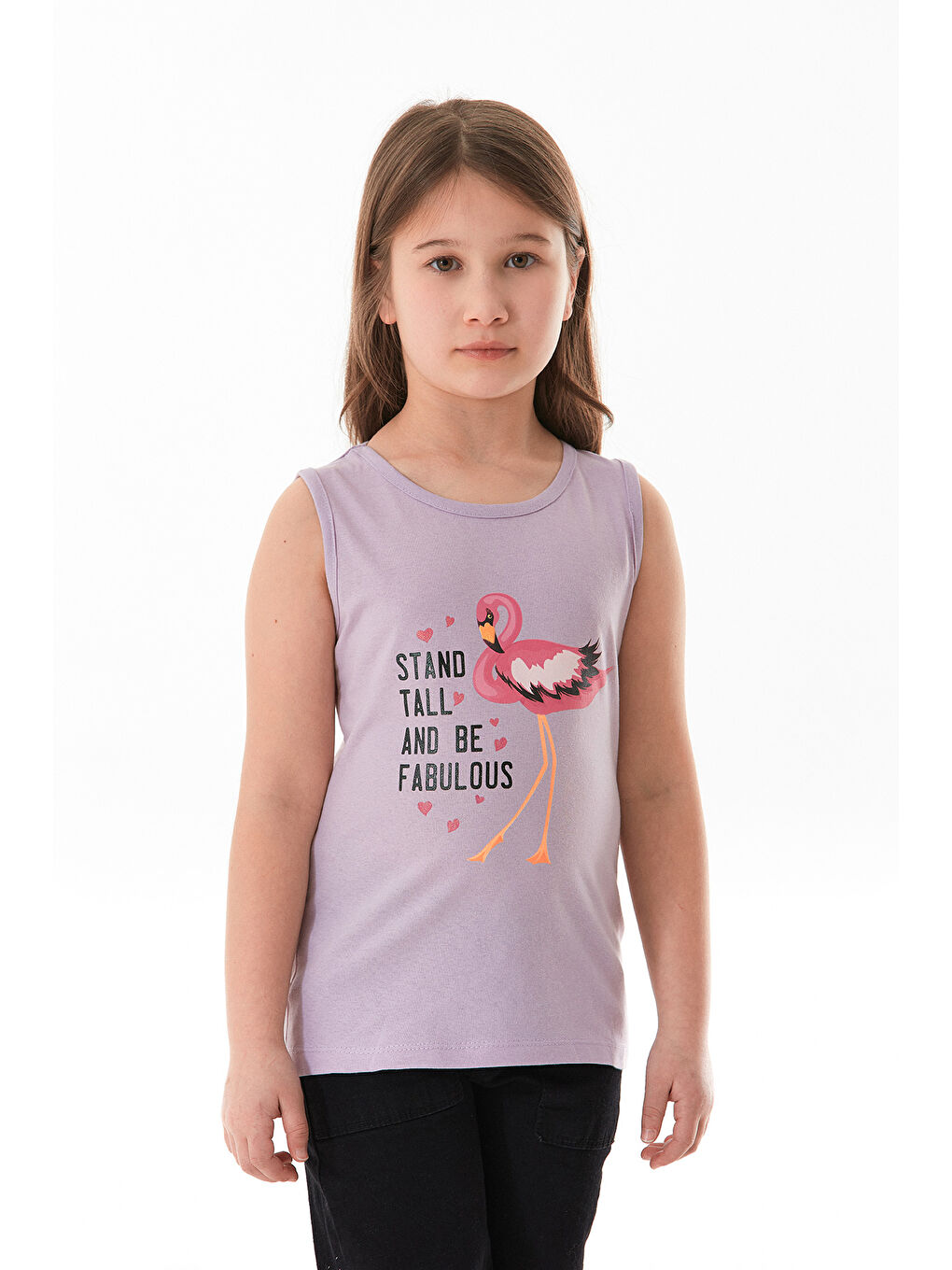 Lila %100 Pamuk Flamingo Baskılı Kolsuz Kız Çocuk Tişört-3