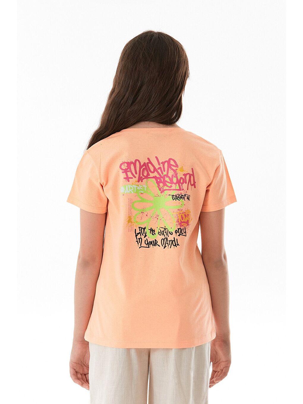 Pembe %100 Pamuk Yazı Baskılı Kız Çocuk Bisiklet Yaka Tişört-1