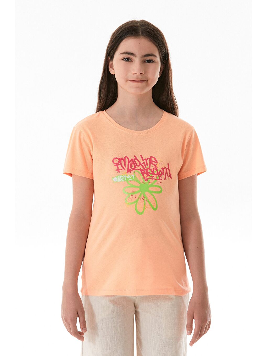 Pembe %100 Pamuk Yazı Baskılı Kız Çocuk Bisiklet Yaka Tişört-3