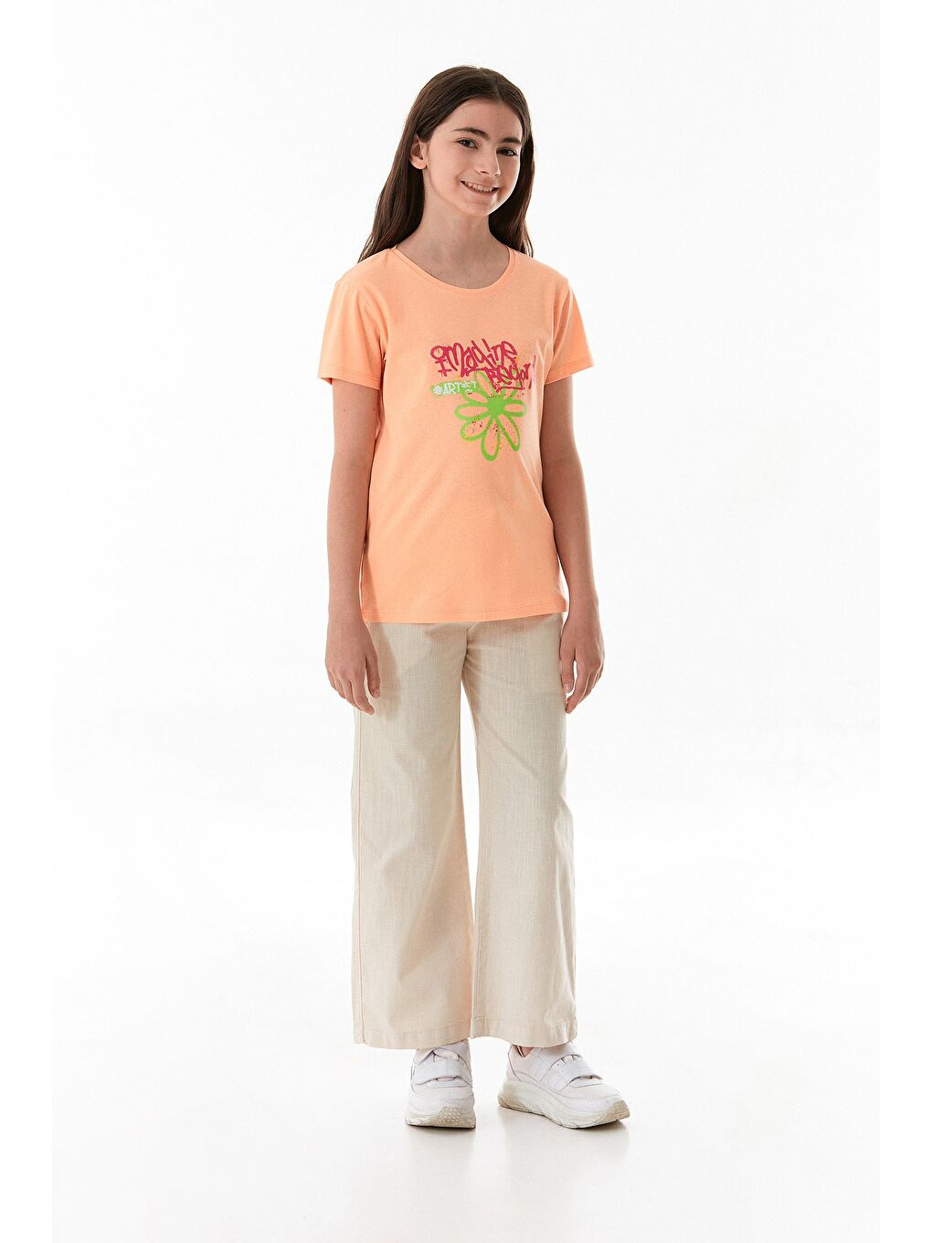 Pembe %100 Pamuk Yazı Baskılı Kız Çocuk Bisiklet Yaka Tişört-4