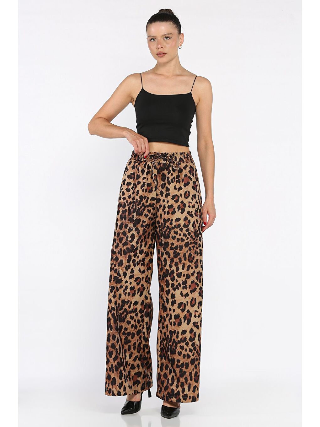 Kahverengi Kadın Leopar Desen Rahat Kalıp Palazzo Pantolon-1