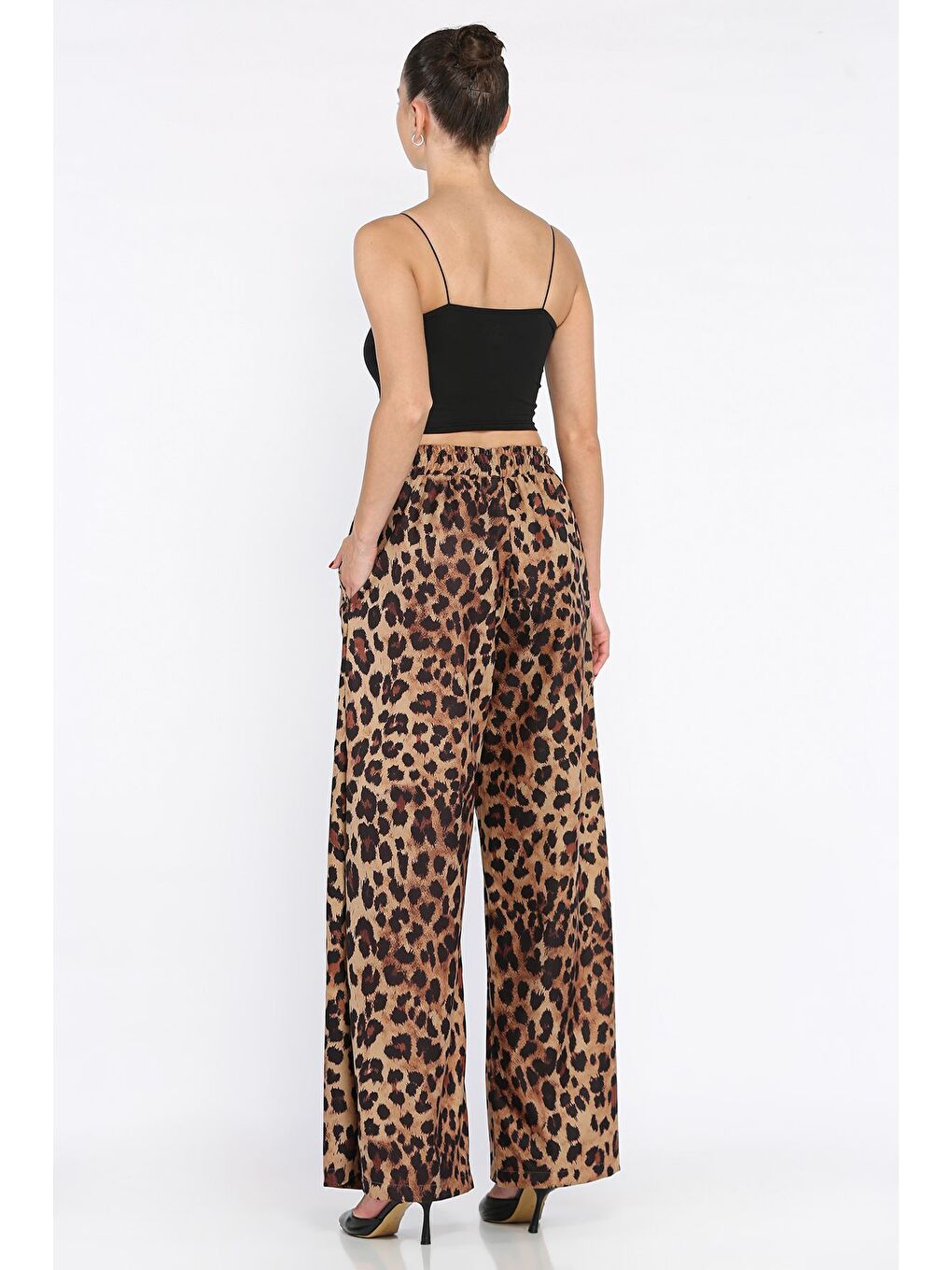 Kahverengi Kadın Leopar Desen Rahat Kalıp Palazzo Pantolon-2
