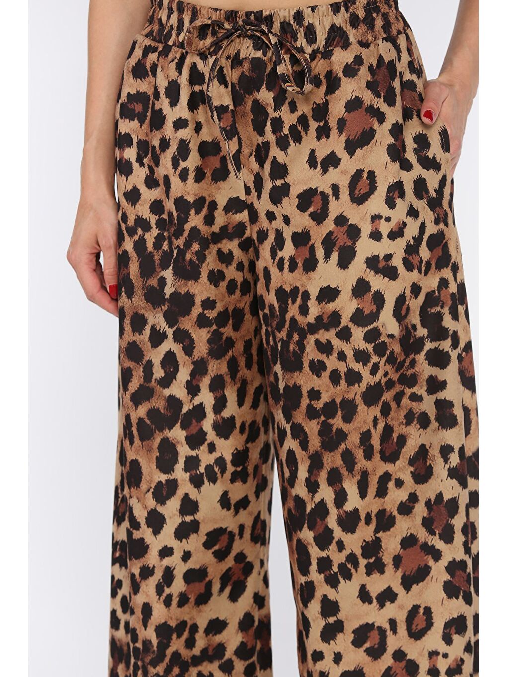 Kahverengi Kadın Leopar Desen Rahat Kalıp Palazzo Pantolon-3